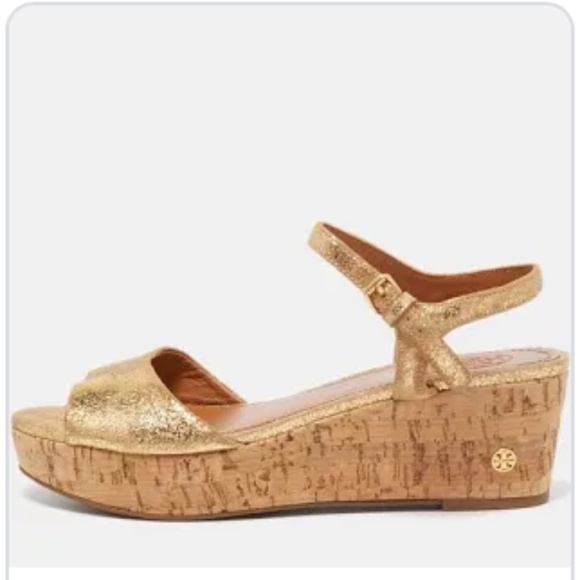 Tory Burch Shoes - Tory Burch Suede Cork Wedge Sandals Size 8.5 in Metallic Gold